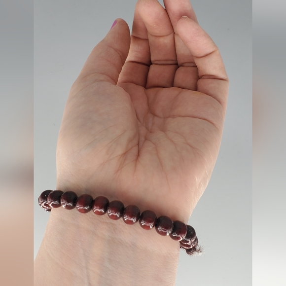 Plastic Clear and Burgundy Dangle Earrings and Burgundy Wooden Stretch Bracelet - Picture 8 of 9